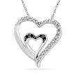 Sterling Silver Black And White Round Diamond Double Heart Pendant (1/10 cttw)