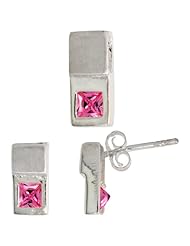Sterling Silver Matte-finish Fancy Earrings (10mm tall) & Pendant Slide (12mm tall) Set, w/ Princess Cut Pink Tourmaline-colored CZ Stones