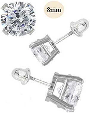 14K White Gold 8mm Round Simulated Diamond Stud Earring Set on High Quality Prong Setting, Screw Back Post