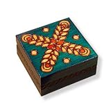 Wooden Box, 5279, Handcrafted Keepsake Box, Green with Leaves and Dots, 3.25"x3.25".
