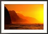A Golden Sunset Over Na Pali Coast, Kauai, Hawaii, USA Framed Photographic Poster Print by Ann Cecil, 36x26