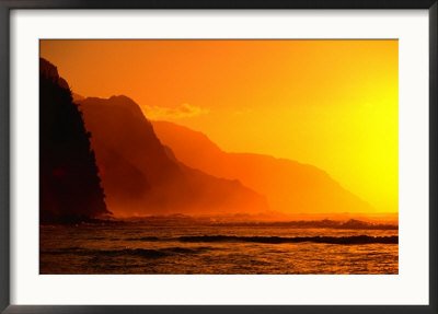 A Golden Sunset Over Na Pali Coast, Kauai, Hawaii, USA Framed Photographic Poster Print by Ann Cecil, 35x25