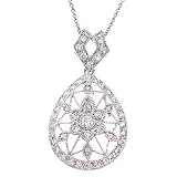 CZ Diamond Platinum Plated Teardrop Lacy Flower Pendant