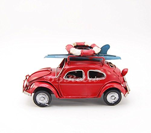 Mini Red Volkswagen Beetle W/surfboard, Metal Craft Model, Size: (L)6.3" X (H)3.2" X (W)2.7"