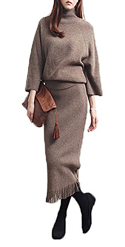 Notting hill 春 大人 レディース ニット ツーピース アンサンブル ドレス セーター スカート スリット フリンジ カジュアル シンプル きれいめ スタイル ストレート ブラウン ブラック サイズ S〜 2XL SSK-0076