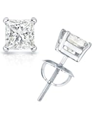 IGI Certified 0.66 Carat (ctw) Princess Diamond 4-Prong Stud Earrings in 14k White Gold with screw backs (G-H, SI2-I1)