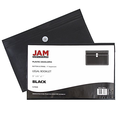 JAM PaperÂ® Plastic Envelope with Button & String Closure - Legal Booklet (9 3/4" x 1 1/4" x 14 1/2") - Black - 12 Envelopes per Pack