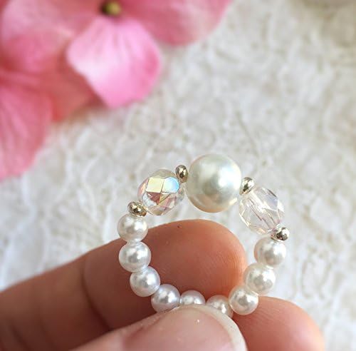 1 Stretch Pearl Ring with Crystals - Handmade Custom Sizes for Children - Color Options: Pink, Ivory or White with Silver or Gold
