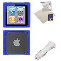 GTMax White USB Car Charger + Blue Silicone Skin Soft Cover Case + Universal LCD Screen Protector for Apple iPod Nano 6th Generation
