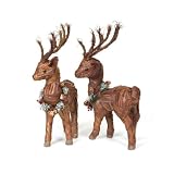 Set of 2 Modern Lodge Rattan Reindeer Wearing Wreaths Christmas Figures 22