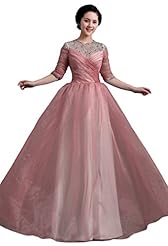 A-line Elbow Length Sleeves Crystal Crystals Pleated Sequined Evening Dress 