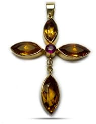 18K Yellow Gold Handmade Dangling Cross With Natural Citrines And Ruby (55 X 35mm)