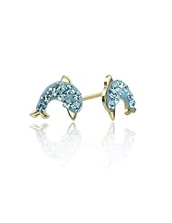 14K Yellow Gold Blue Dolphin Stud Screwback Earring For Girls