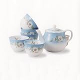 美濃焼　湯呑、ポットの茶器セット　吹花の精　ポットあみ付茶器揃