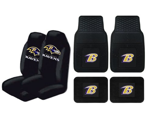 A Set of 4 NFL Universal Fit Front All-Weather Floor Mats and A Set of 2 Universal Fit Seat Covers - Baltimore Ravens