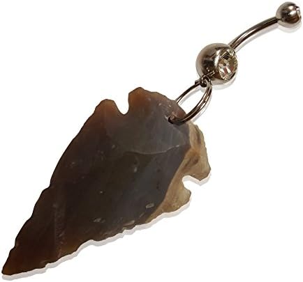 Arrowhead Belly Button Navel Ring With Hand Crafted Agate Chipped Stone/14 Gauge 316L Surgical Stainless Steel Barbell With Clear Rhinestone Charm