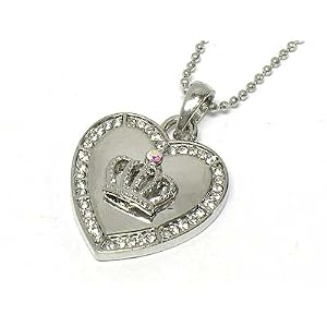Trendy Crystal Heart Crown Charm Necklace Silver Tone