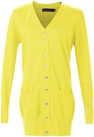 2015 Mara Carol Women's Spring Printing Long Sleeve Plain V Neck Medium Style Single-breasted All-match Knitted Cargidan Sweater Knitting Shirt Knitwear with Pocket (L, Yellow)