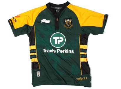 Northampton Saints 2011/12 European S/S Replica Rugby Shirt Green/Black/Gold - size S Northampton Saints 2011/12 European S/S Replica Rugby Shirt Green/Black/Gold - size S