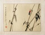 Chinese Sumi-e Brush Painting Art, Watercolor on Paper - Red Cicada on Bamboo