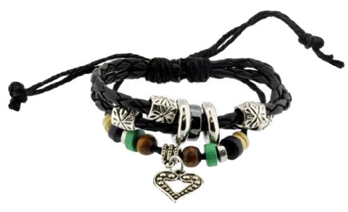 Love Heart Design Zen Adjustable Braided PU Leather Bracelet (Black Braided)