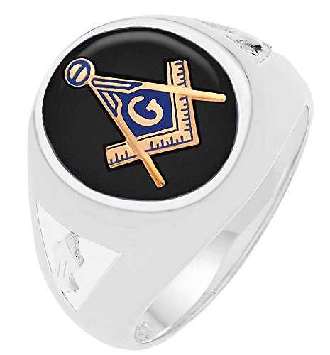 Men's 0.925 Sterling Silver Masonic Freemason Mason Ring with Onyx Stone (Size 9.5)