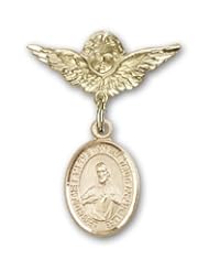 14K Gold Baby Badge with Scapular Charm and Angel with Wings Badge Pin
