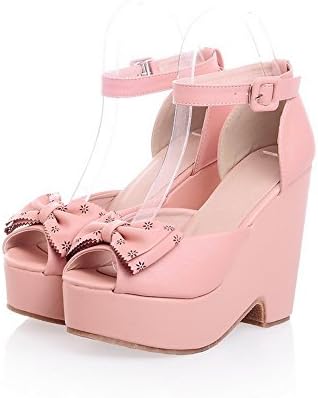 QueenFam Womens Open Peep Toe High Heel Platform Wedge PU Soft Material Solid Pumps with Bowknot, Pink, 38