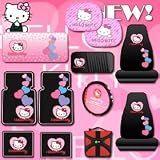 Hello Kitty Sanrio Hearts Design 12 Pieces Combo Set Front and Rear Rubber Floor Mats Seat Covers Steering Wheel Cover CD Visor Organizer Windshield Sunshade Side Window Sunshades and a Bonus 24 Pieces Capacity Durable CD Wallet