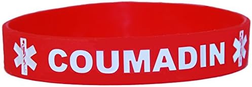 Coumadin Medical Alert Silicone Bands White Lettering, BUY 2 Get 1 FREE! (Adult (8 inch), Red)