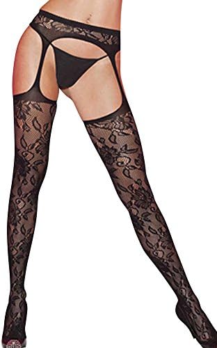 ZLMDS Women's Sexy Erotic Crotchless Sheer Embellished Suspender Pantyhose Black