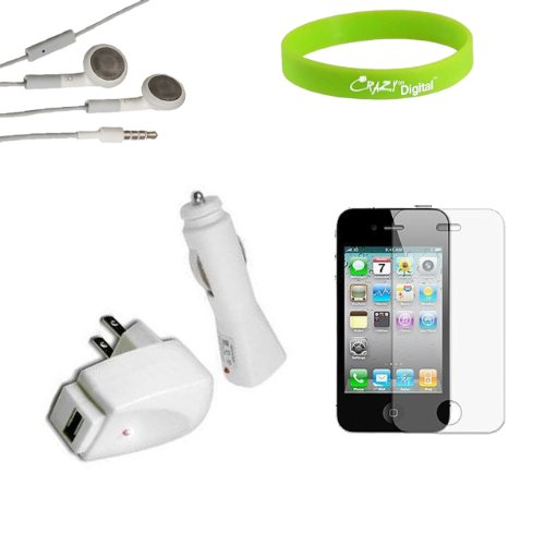 CrazyOnDigital Charger Protector Headphone Accessories Combo for Apple iPhone 4 iPhone 4S 4G 16GB 32GB 64GB Wireless Cell Phone. CrazyOnDigital Wristband Included
