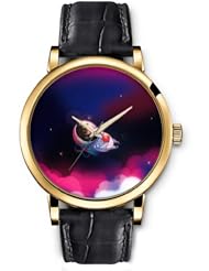 SPRAWL Aanalog Fashion Series Gold Ladies Watches of Genuine Black Leather Strap,Unique Wrist Watch for Women Girls Designed with cute astronaut