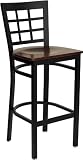 HERCULES™ Black Window Back Metal Restaurant Bar Stool - Mahogany Wood Seat