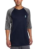 MLB Men's Seattle Mariners 3/4 Sleeve Crew Neck Featherweight Tech Fleece Pullover by Majestic (Pro Navy/Pro Carbon Heather, Medium)