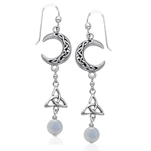 Sterling Silver Celtic Knot Crescent Moon, Trinity Knot, and Rainbow Moonstone Beaded Earrings