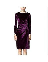 Round Neck Long Sleeves Velvet Pleated Ruched Bodycon Dress 