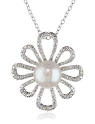 Sterling Silver 8.5-9mm Freshwater Cultured Pearl and Diamond Pendant Necklace, (0.1 cttw, G-H Color, I2-I3 Clarity), 18"