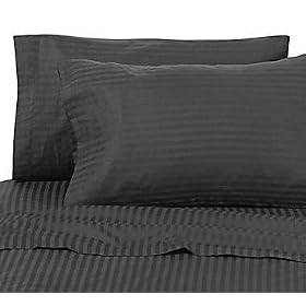 ELEGANCE Egyptian Cotton 600 Thread Count Sateen Stripe 7 - PC Sheet and Duvet Cover Set - Black Full.