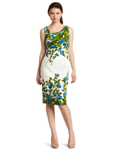 London Times Womens Border Print Sheath,Soft White/Turq,6