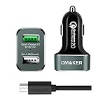[Qualcomm認証済] Omaker USBカーチャージャー（30W/2USBポート/microUSB充電ケーブル付き）Quick Charge2.0対応機器とiPhone6/iPadminiなどデバイスに対応する車載充電器（シルバー+ブラック） (ブラック+シルバー)