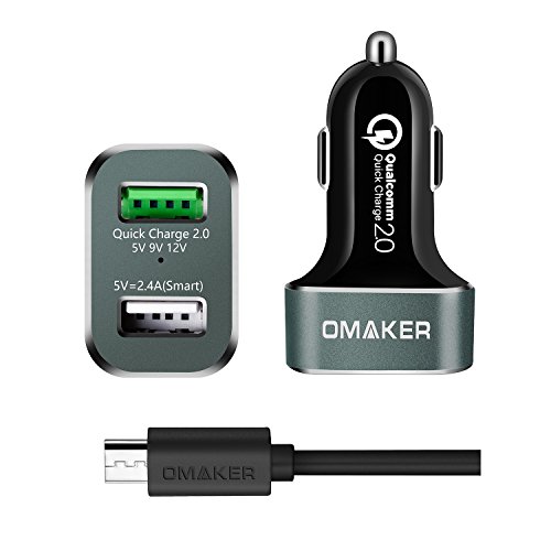 [Qualcomm認証済] Omaker USBカーチャージャー（30W/2USBポート/microUSB充電ケーブル付き）Quick Charge2.0対応機器とiPhone6/iPadminiなどデバイスに対応する車載充電器（シルバー+ブラック） (ブラック+シルバー)