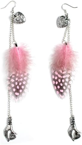 6 1/2" Huge Long Bohemian Heart Love Hands Silver Pink Black Spotted Dot Feather Earrings