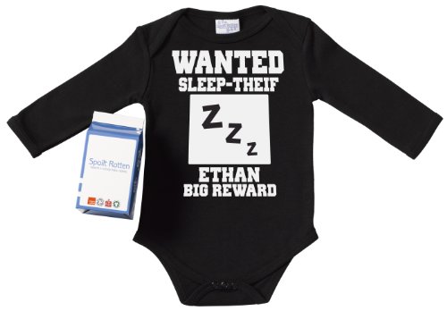 Spoilt Rotten - PERSONALISED Wanted Sleep-Thief Custom Name Body bébé, vêtements originaux et écolos pour bébés, 100 % coton bio : Taille de 0-6 mois, NOIR + jolie boîte cadeau en forme de brique de lait