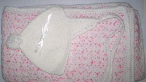 New Beautiful Baby Crochet Crib Size Blanket with Matching Baby Bonnet Nice Gift for Newborn Multi Color Pink with White Trim