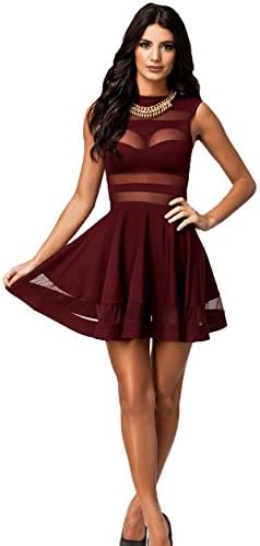 Xi Woman Mesh See-through Sheer Block Club Dress Bubble Skirt (S, Wine Red)