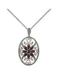Flower Garnet Pendant with Heart Design Marcasite Antique Filigree Sterling Silver - Chain Included
