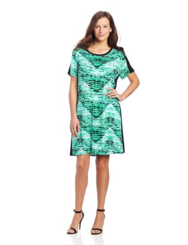 Calvin Klein Women's Printed T Shirt Dress, Emerald/Nile Multi, 0X