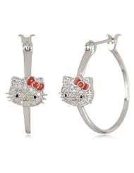 Cheap Girls Jewelry Hello Kitty by Simmons Jewelry Co. 1/5 Cttw Pave Diamond Face and Red Enamel Bow Girls Hoops Earrings For Sale