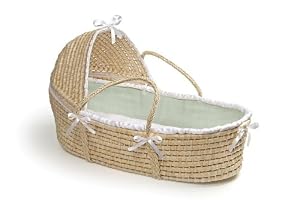 Badger Basket Natural Moses Basket with Hood, Sage Waffle Bedding